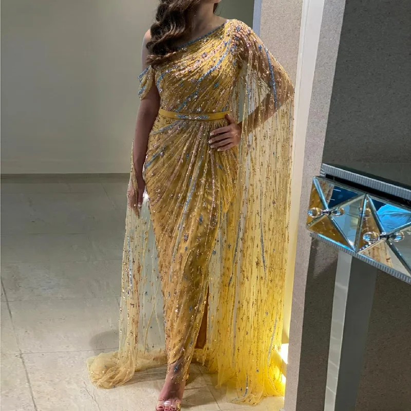 Minimal Comfort Trendy Soft Fit Colorful Beaded One Shoulder Yellow Evening Dress with Cape SS423