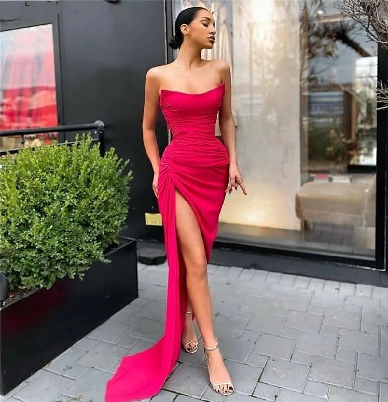 Soft Fabrics Simple Chic Options Newest Sleeveless Side Slit Spandex Satin Mermaid Prom Dresse