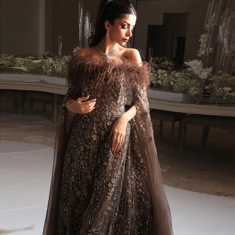 Smart Comfort Cozy Chic Styles Off Shoulder Feathers Brown Evening Dress with Cape Sleeves SS135