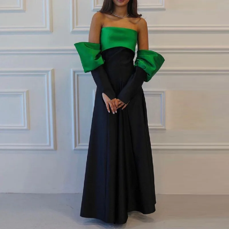 Effortless Comfort Trendy Warm Layered Pieces Elegant Black Strapless A-Line Evening Dress with Sleeves SF031
