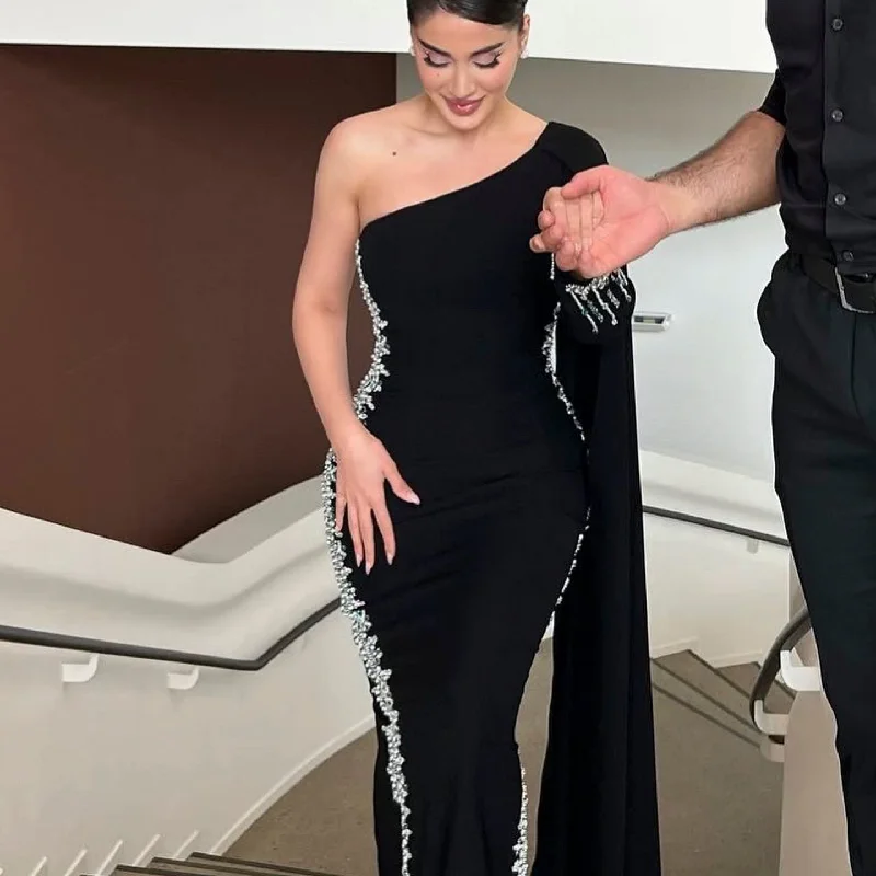 Smart Comfort Wear Comfortable Wear Choices Black One Shoulder Mermaid Evening Dress with Cape Sleeve SS389
