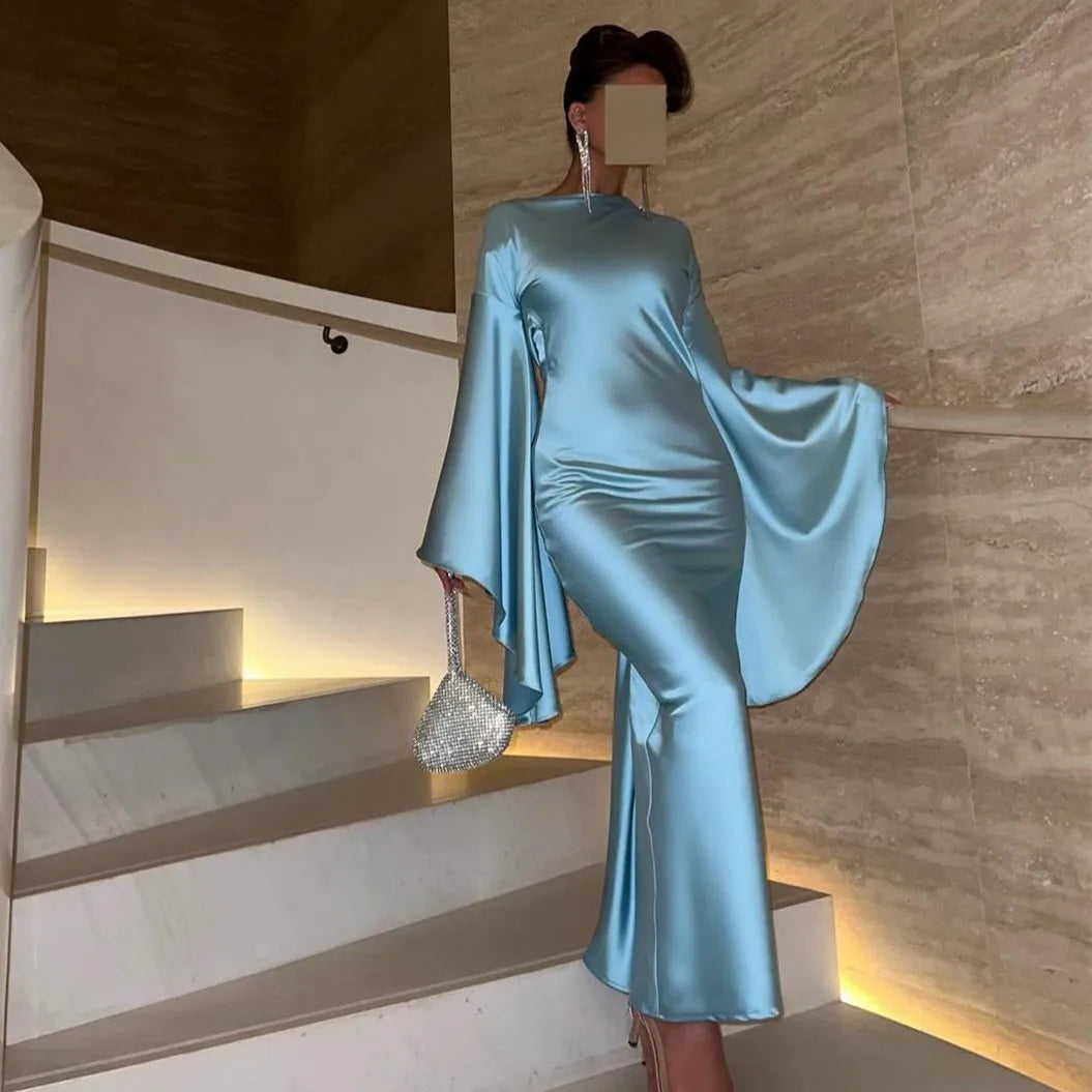 Summer Comfort Effortless Cozy Layers Light Blue Mermaid Evening Dress with Flare Long Sleeves SF027
