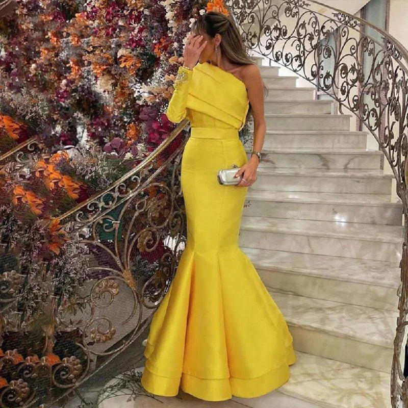 Versatile Comfort Cozy Everyday Layers Elegant Yellow One Shoulder Mermaid Evening Dress SF014