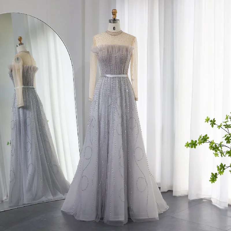 Cozy Fashion Soft Street Fashion For Sale Beaded Silver Gray Long Sleeve Evening Dresses SS215