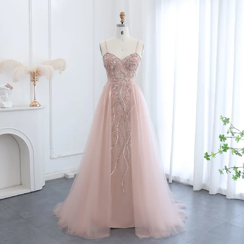 Casual Chic Wear Soft Wear Pieces Luxury Beaded Pink Spaghetti Evening Dress with Overskirt SS266