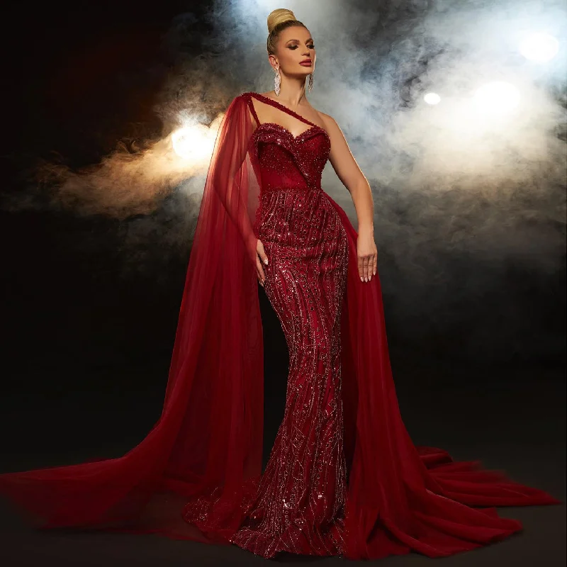 Soft Style Cozy Layering Pieces Burgundy One Shoulder Mermaid Evening Dress with Cape Overskirt SS129