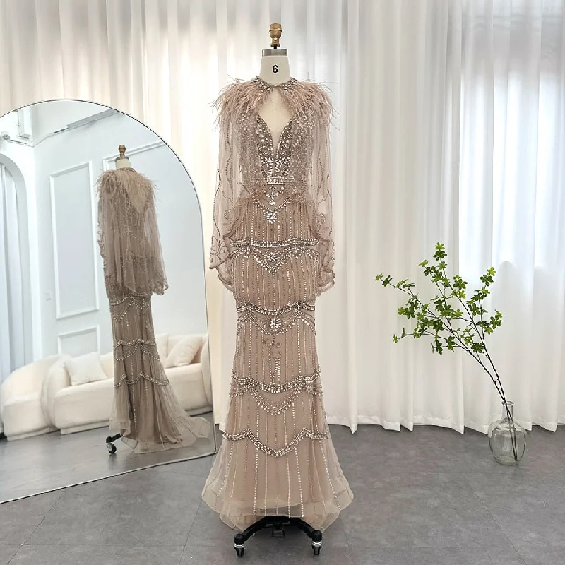 Comfy Dress Soft Street Fashion Luxury Champagne Feathers Shawl Cape Mermaid Evening Dress SS039 Comfy Dress Soft Street Fashion Luxury Champagne Feathers Shawl Cape Mermaid Evening Dress SS039