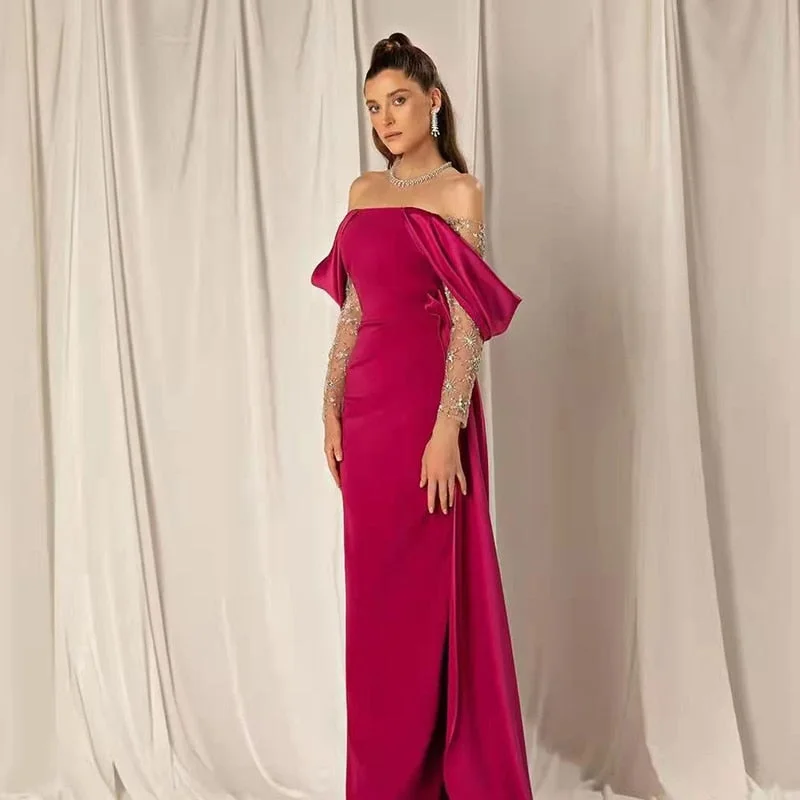Soft Wear Soft Cozy Wear Elegant Off Shoulder Fuchsia Evening Dress with Sleeves SS332