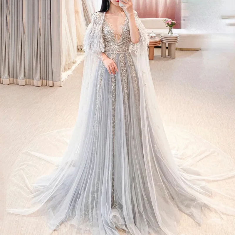 Fashionable Ease Effortless Comfort Fit For Sale Silver Evening Dresses with Feather Cape Shawl SS147