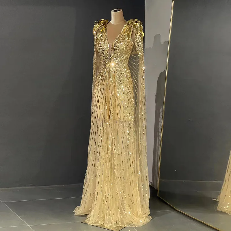 Trendy Wear Effortless Comfort Fit Luxury Sparkly Gold Evening Dress with Cape SS562