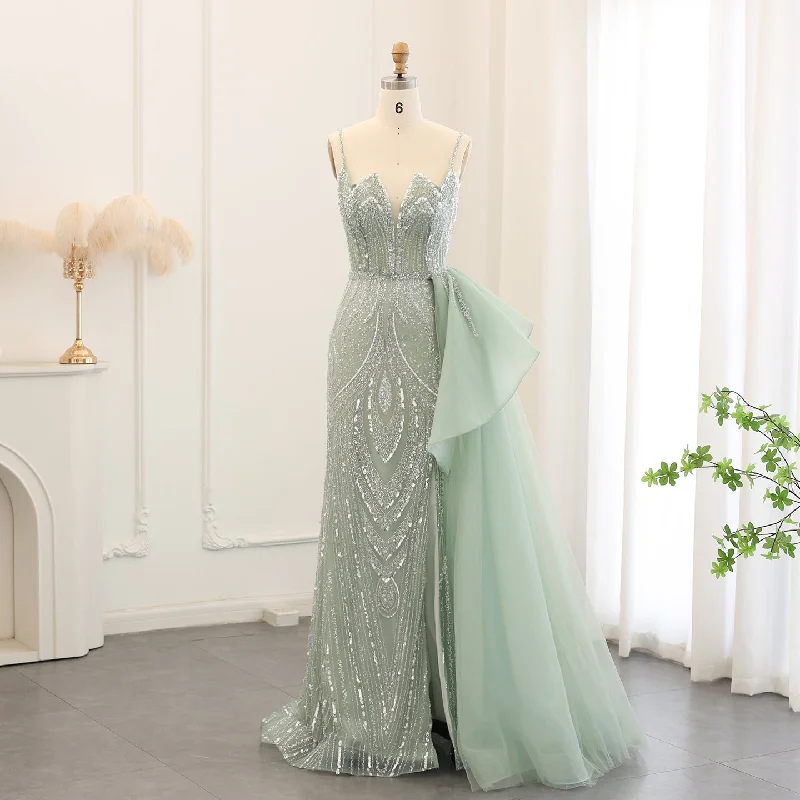 Soft Looks Soft Casual Wearable Luxury Spaghetti Sage Green Evening Dress with Overskirt SS216