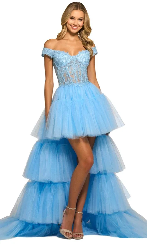 Effortless Dressing Street Fashion Comfort Sherri Hill 55420 - Off-Shoulder Embroidered High Low Dress
