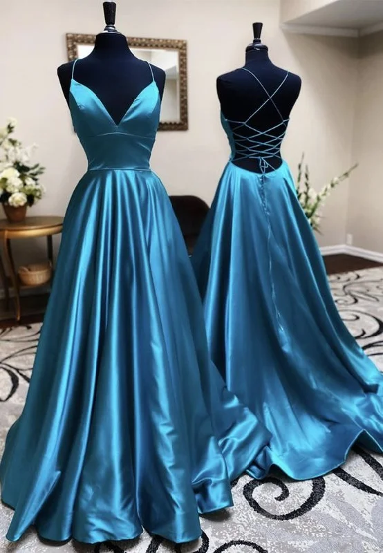 Chic Lounge Casual Soft Layers Simple V Neck Satin Long Prom Dress Blue Evening Dress 215251732
