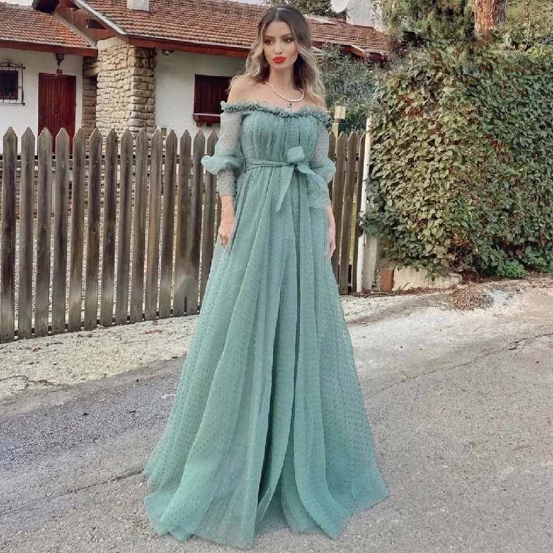 Versatile Wear Street Fashion Comfort Turquoise Polka-Dot Evening Dress A-Line Boat Neck