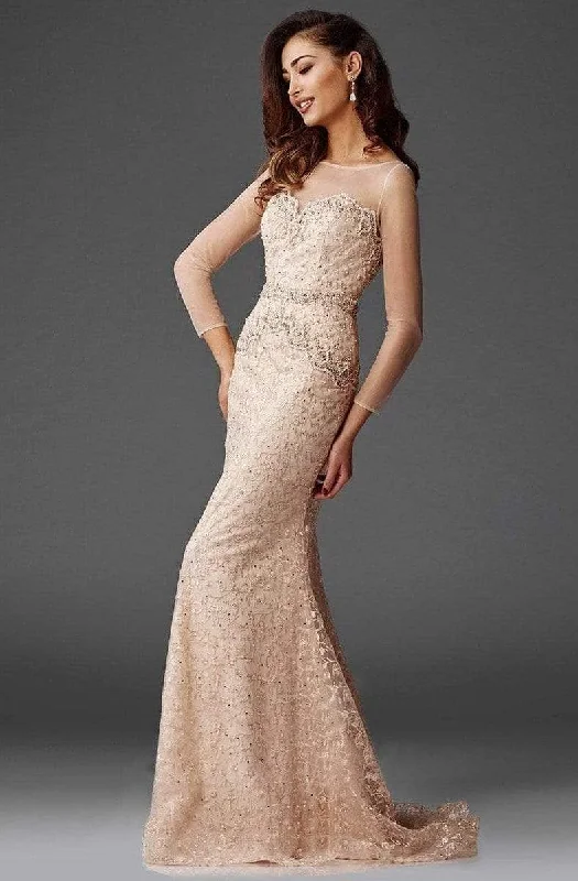 Layered Style Soft Day-to-day Looks Clarisse - M6427 Mesh Sleeved Embroidered Long Gown