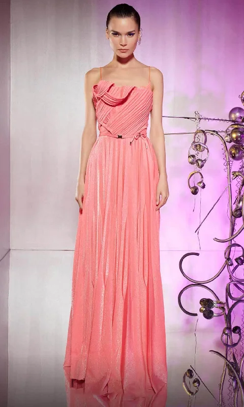 Relaxed Wear Chic and Comfortable Pieces MNM Couture E0045 - Pleated A-Line Long Dress