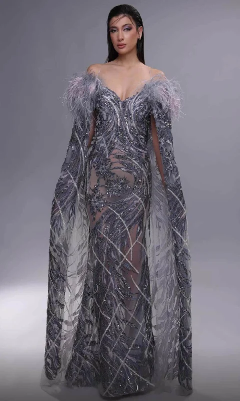 Everyday Comfort Trendy Street Comfort Wear MNM Couture K4097 - Feathered Cap Sleeve Evening Dress